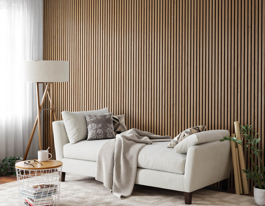 Natural oak slatted wall panel installed in a modern living room