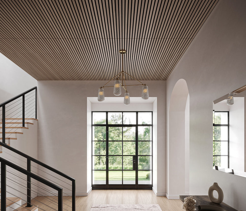 Acoustic wood wall panelling used on modern ceiling interior design project