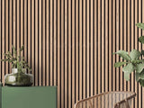 Natural oak slat wood wall panelling installed in modern hallway